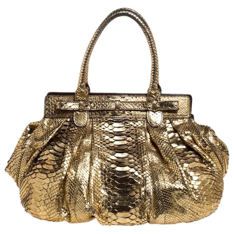 Pre Owned Zagliani Metallic Gold Python Puffy Hobo