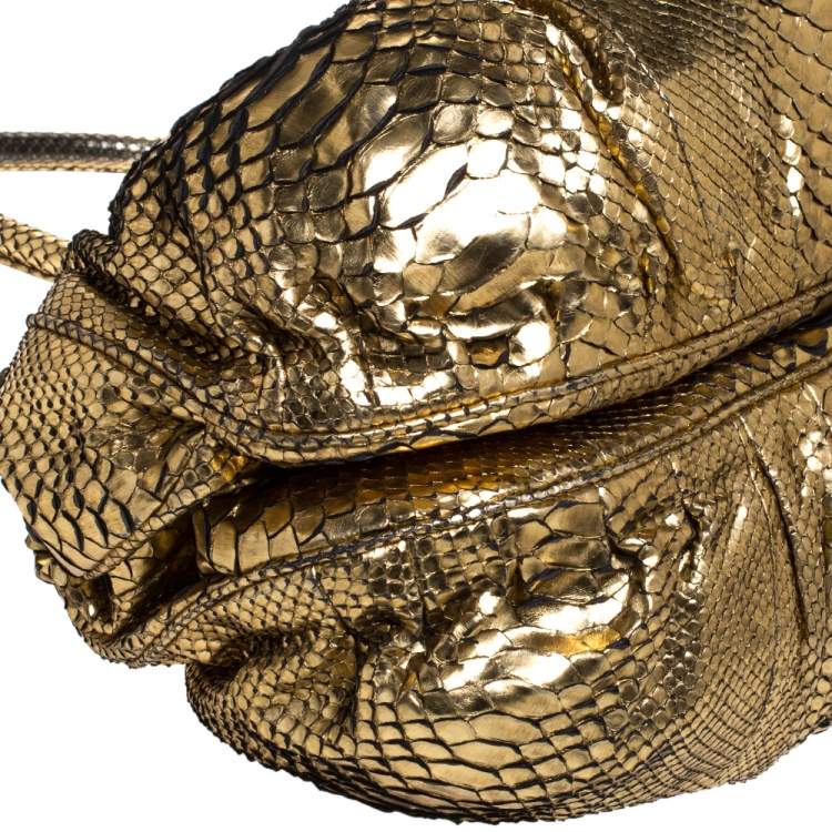 Pre Owned Zagliani Metallic Gold Python Puffy Hobo