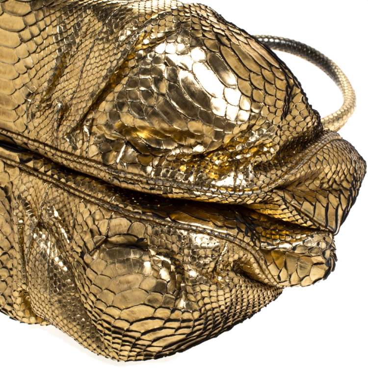 Pre Owned Zagliani Metallic Gold Python Puffy Hobo