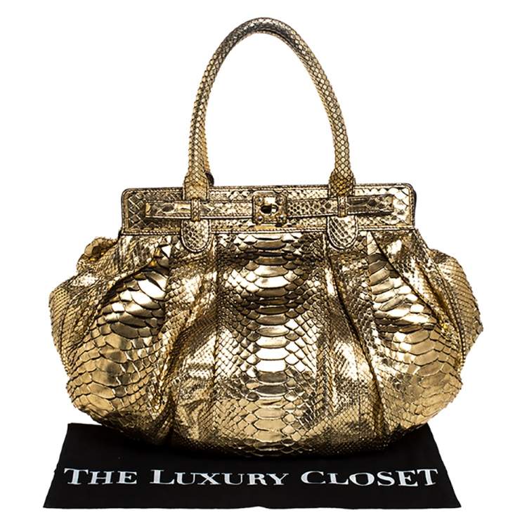 Pre Owned Zagliani Metallic Gold Python Puffy Hobo