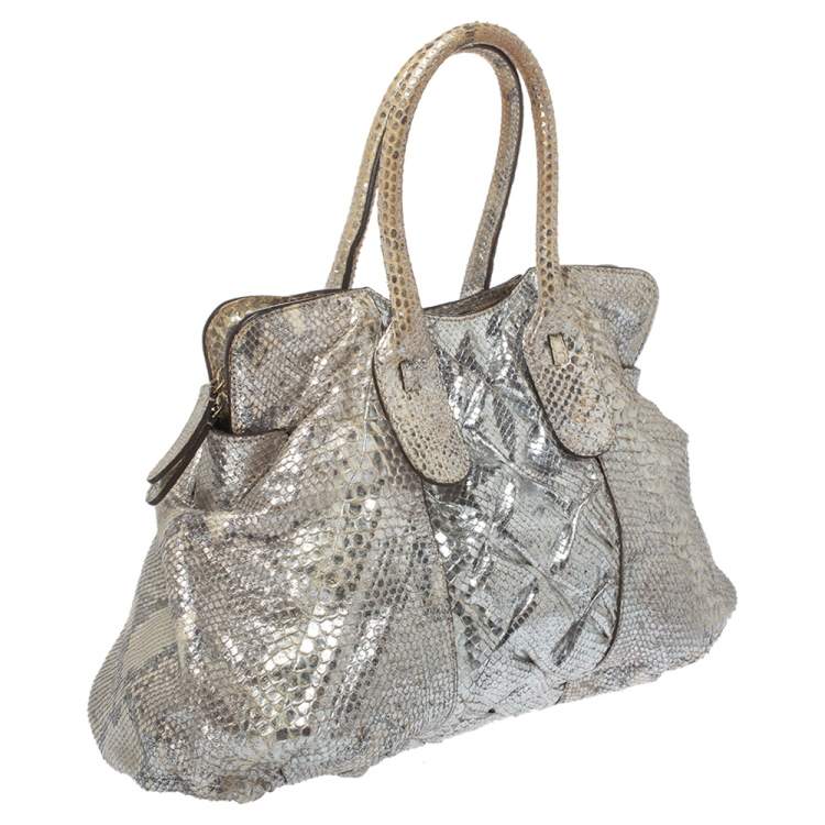 Pre Owned Zagliani Silver Python Top Zip Tote