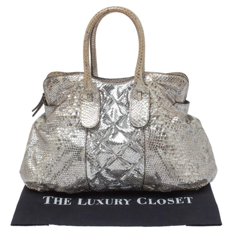 Pre Owned Zagliani Silver Python Top Zip Tote