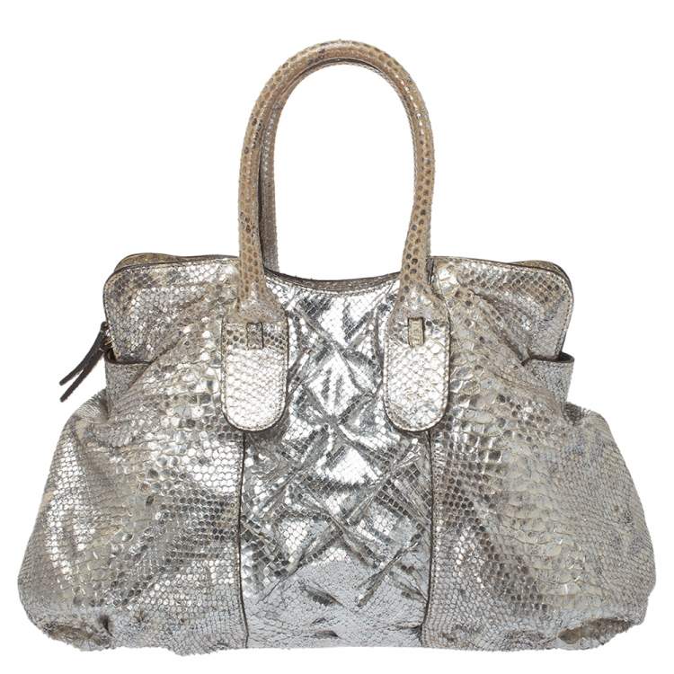 Pre Owned Zagliani Silver Python Top Zip Tote
