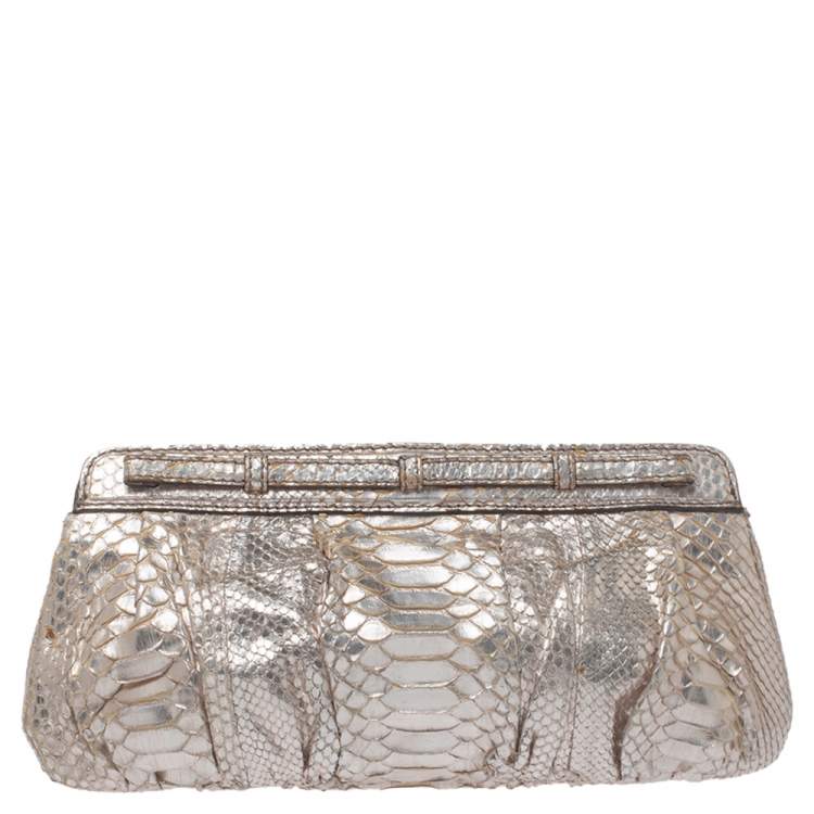Pre Owned Zagliani Silver Python Turnlock Clutch 
