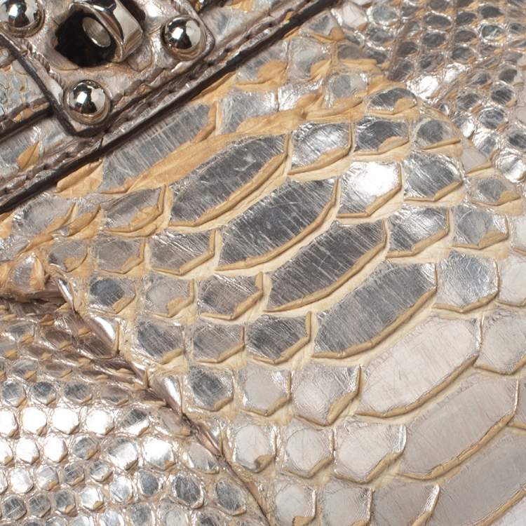 Pre Owned Zagliani Silver Python Turnlock Clutch 