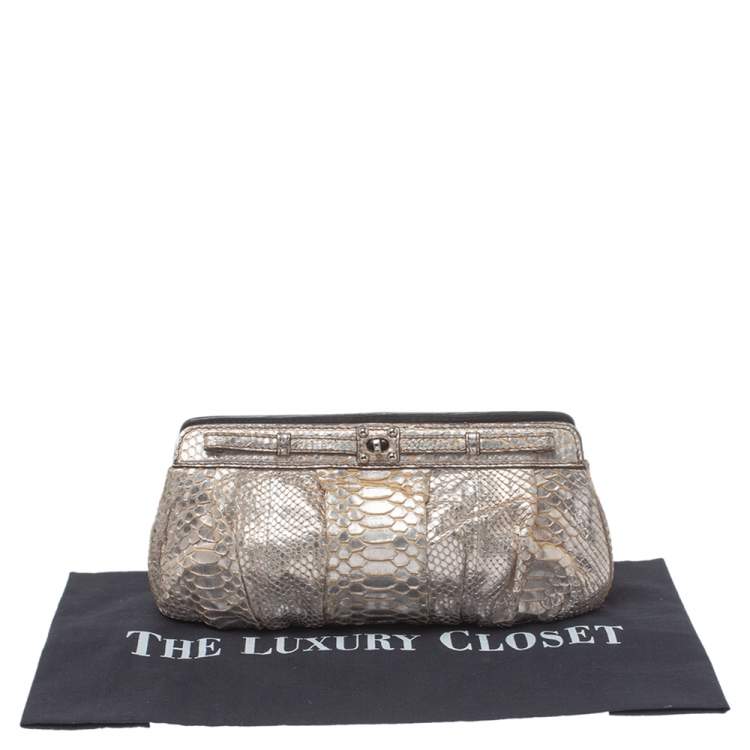 Pre Owned Zagliani Silver Python Turnlock Clutch 