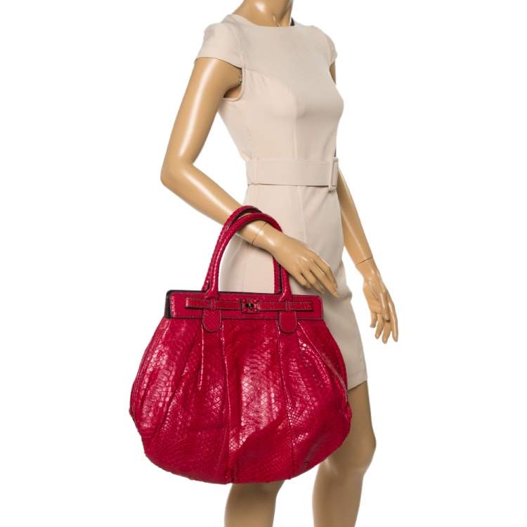 Pre Owned Zagliani Red Python Puffy Hobo