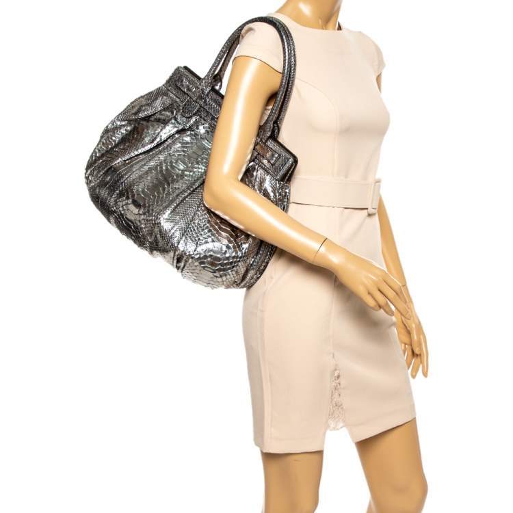 Pre Owned Zagliani Silver Python Puffy Hobo