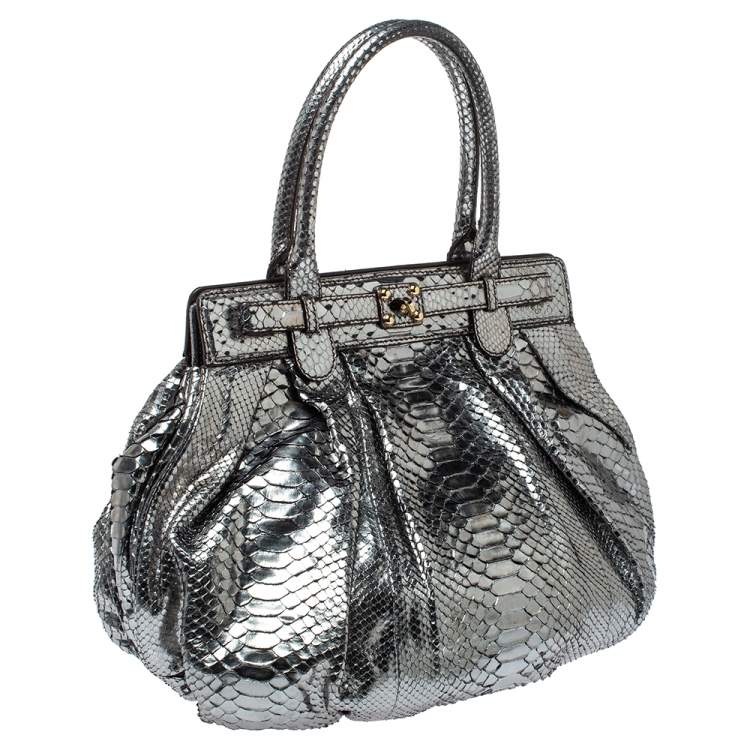 Pre Owned Zagliani Silver Python Puffy Hobo