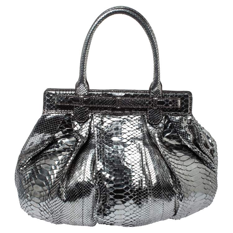 Pre Owned Zagliani Silver Python Puffy Hobo