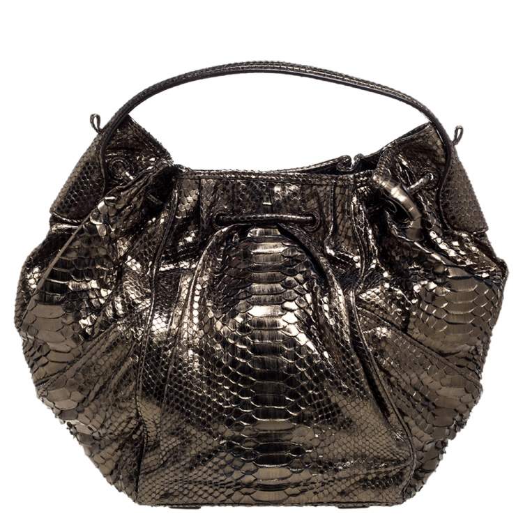Pre Owned Zagliani Metallic Green Python Drawstring Hobo