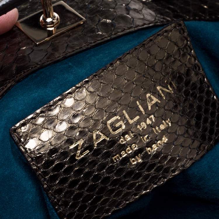 Pre Owned Zagliani Metallic Green Python Drawstring Hobo