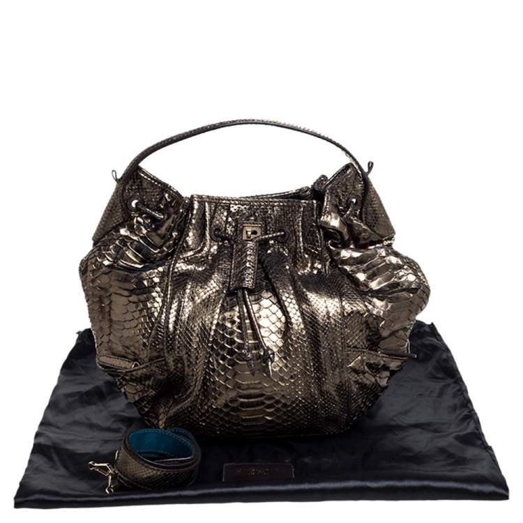 Pre Owned Zagliani Metallic Green Python Drawstring Hobo