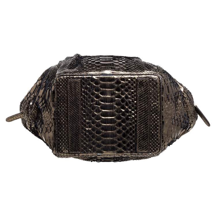 Pre Owned Zagliani Metallic Green Python Drawstring Hobo