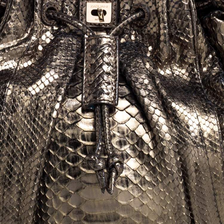 Pre Owned Zagliani Metallic Green Python Drawstring Hobo