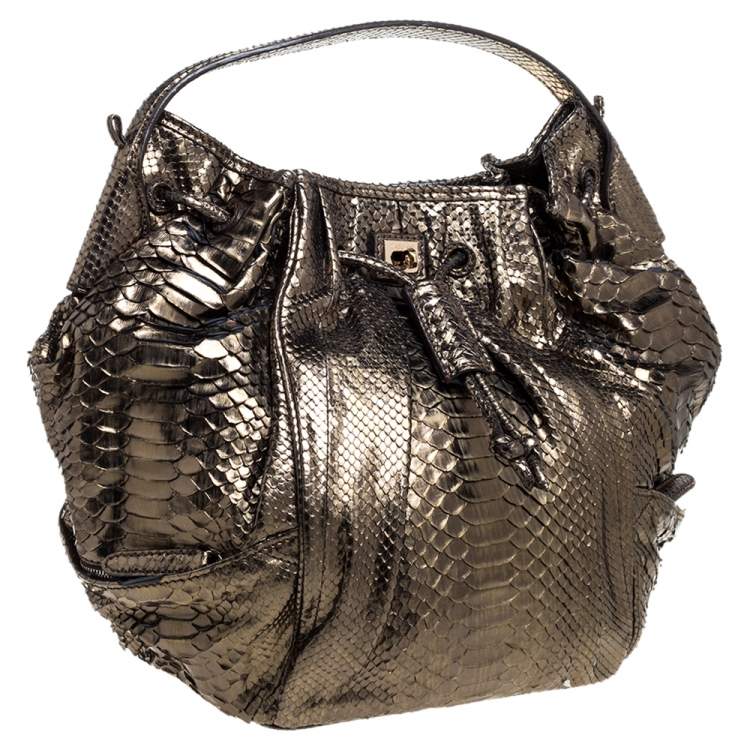 Pre Owned Zagliani Metallic Green Python Drawstring Hobo
