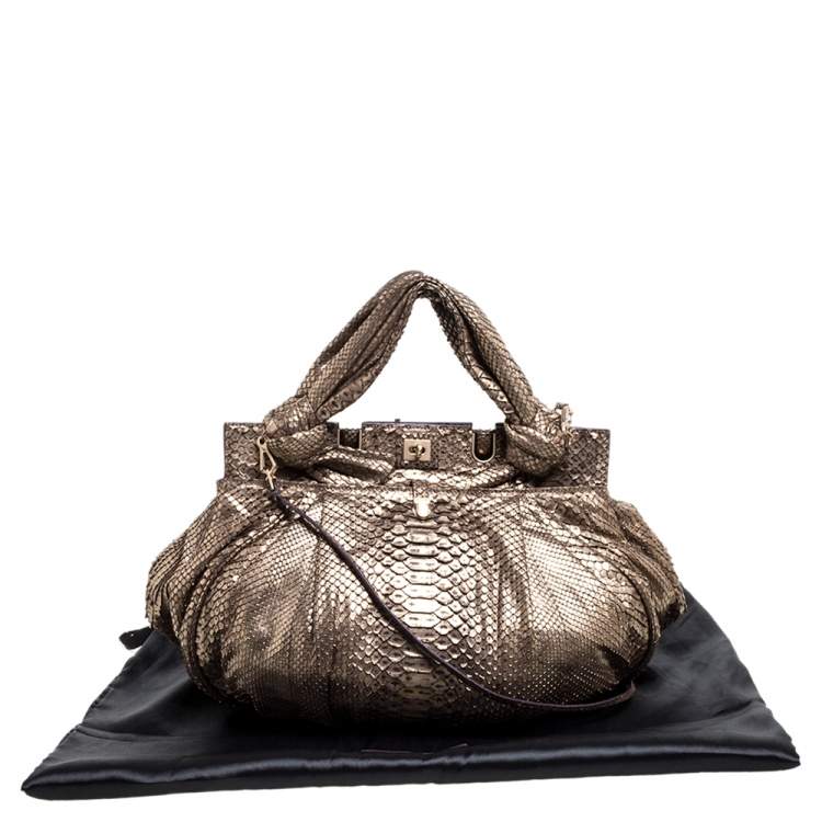 Pre Owned Zagliani Metallic Light Gold Python Knotted Handle Hobo