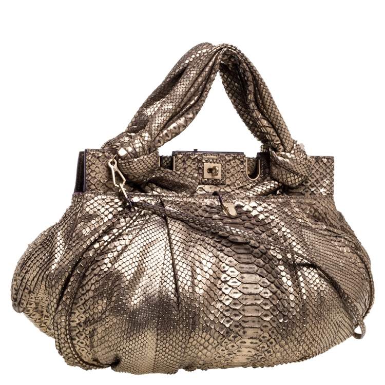 Pre Owned Zagliani Metallic Light Gold Python Knotted Handle Hobo