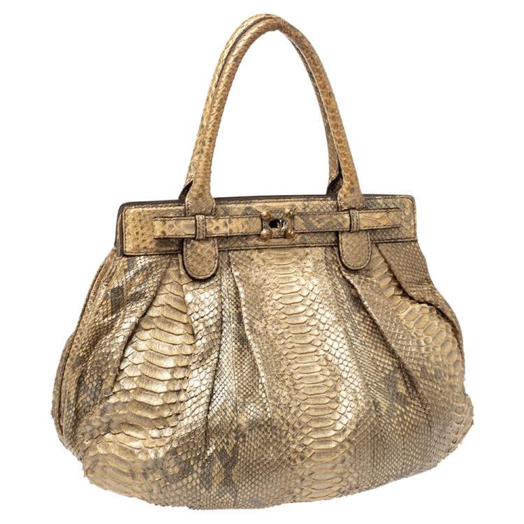 Pre Owned Zagliani Metallic Gold Python Puffy Hobo