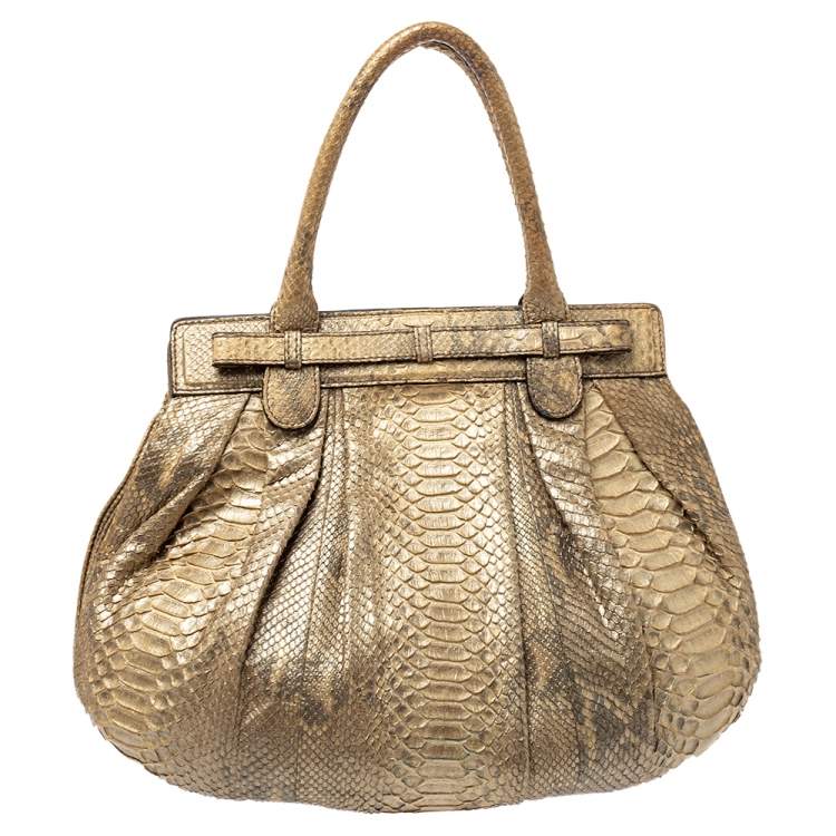 Pre Owned Zagliani Metallic Gold Python Puffy Hobo
