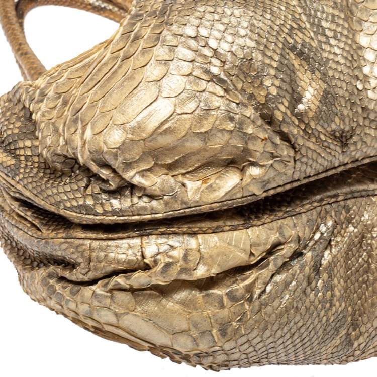 Pre Owned Zagliani Metallic Gold Python Puffy Hobo