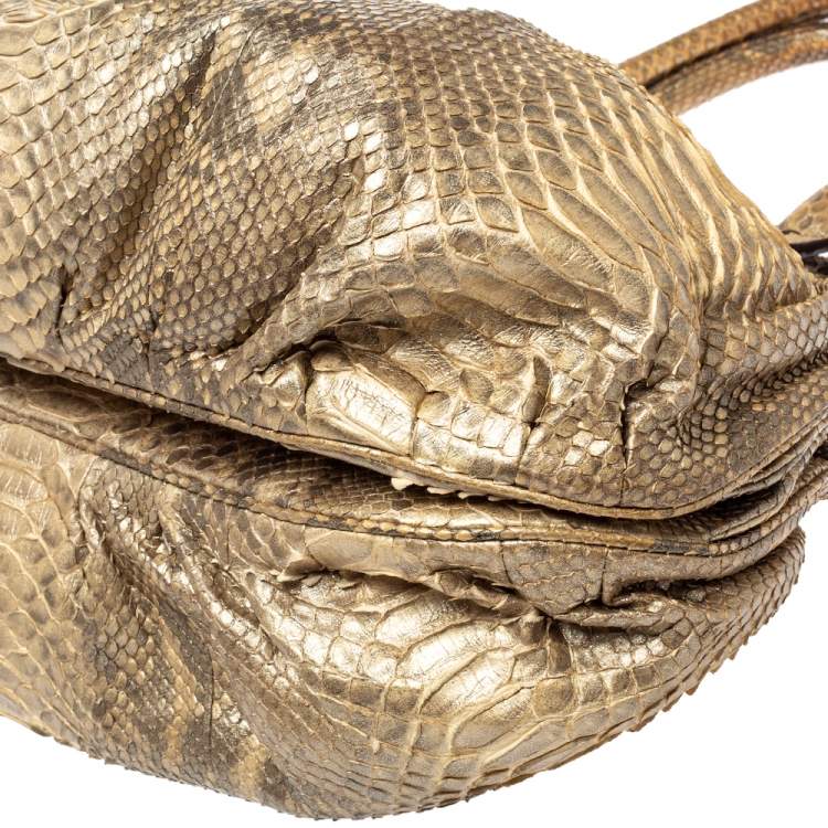 Pre Owned Zagliani Metallic Gold Python Puffy Hobo