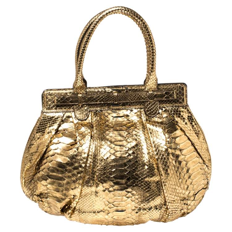 Pre Owned Zagliani Metallic Gold Python Puffy Hobo