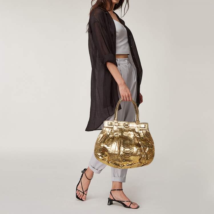 Pre Owned Zagliani Metallic Gold Python Puffy Hobo