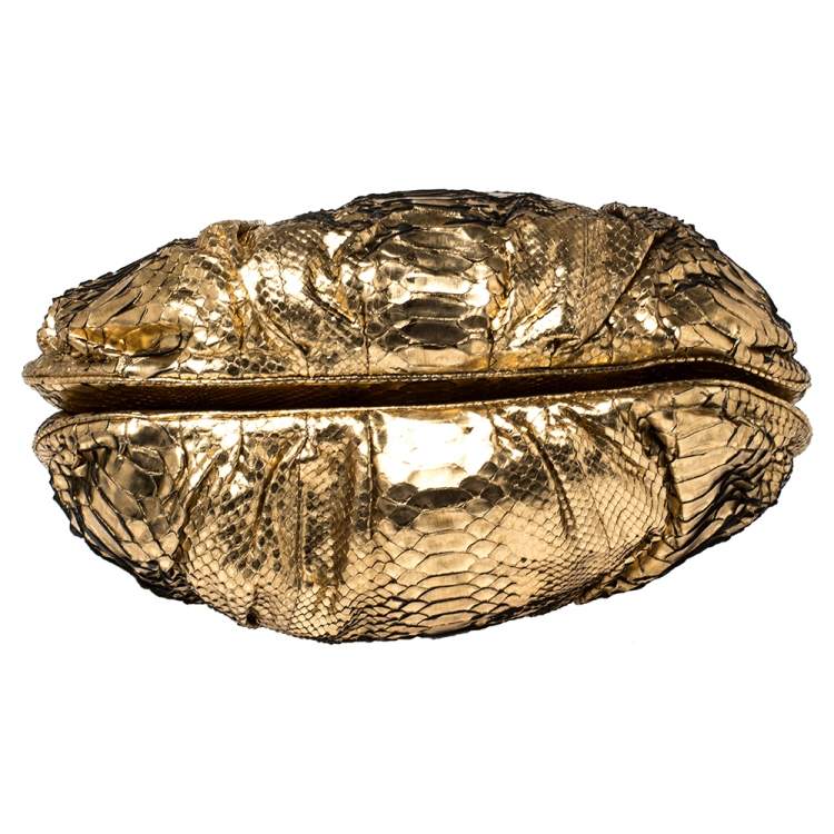 Pre Owned Zagliani Metallic Gold Python Puffy Hobo