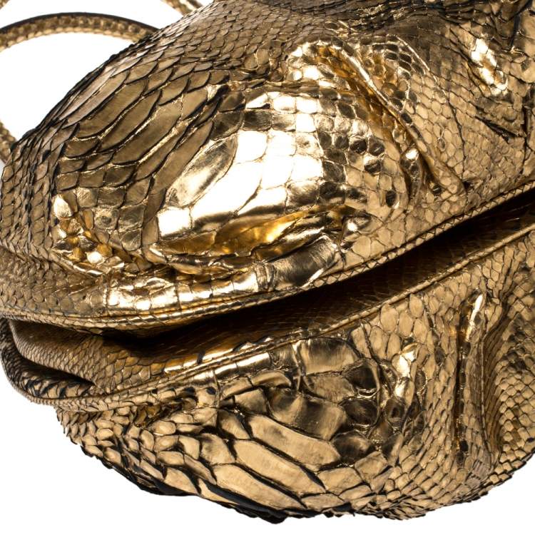 Pre Owned Zagliani Metallic Gold Python Puffy Hobo