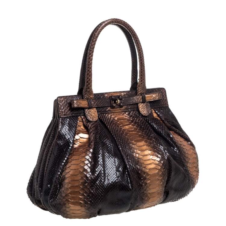 Pre Owned Zagliani Metallic Bronze/Brown Gold Python Puffy Hobo