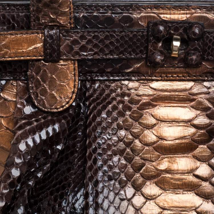 Pre Owned Zagliani Metallic Bronze/Brown Gold Python Puffy Hobo