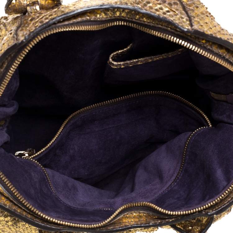 Pre Owned Zagliani Metallic Gold Python Top Zip Tote