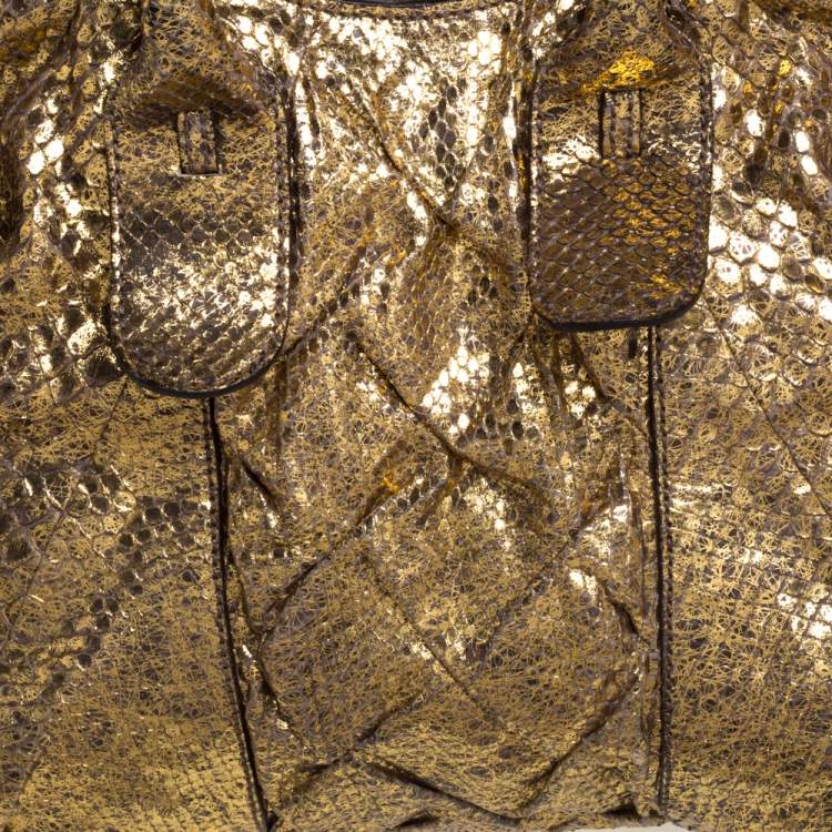 Pre Owned Zagliani Metallic Gold Python Top Zip Tote