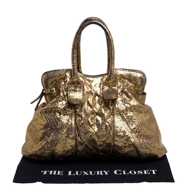 Pre Owned Zagliani Metallic Gold Python Top Zip Tote