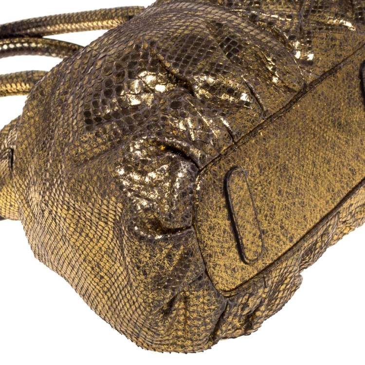Pre Owned Zagliani Metallic Gold Python Top Zip Tote