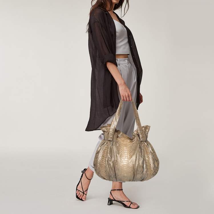 Pre Owned Zagliani Gold Metallic Python Pleated Shoulder Bag