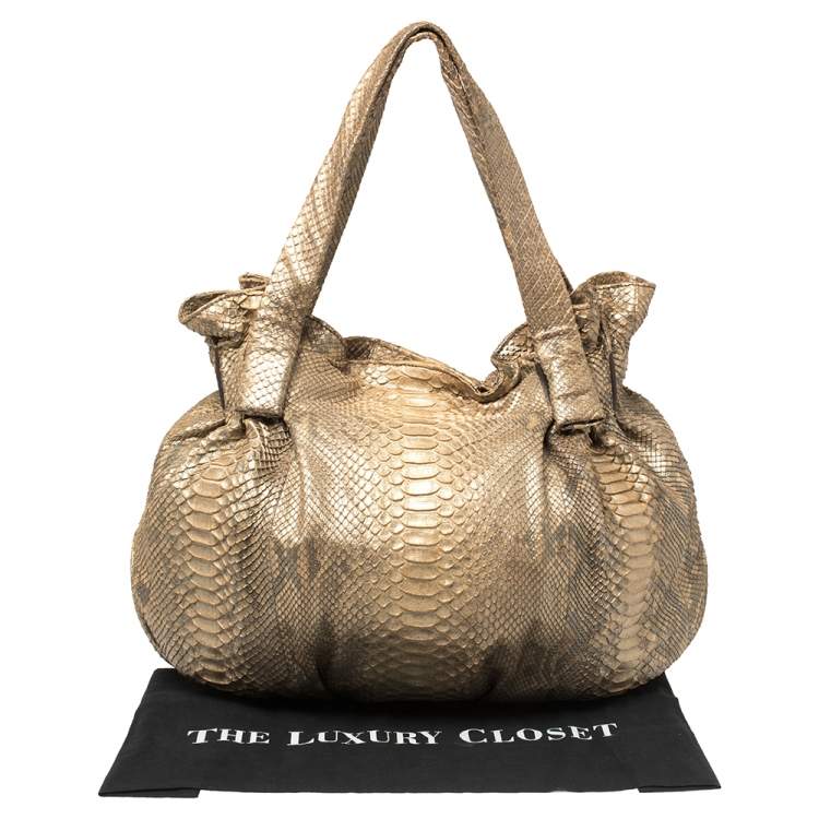 Pre Owned Zagliani Gold Metallic Python Pleated Shoulder Bag