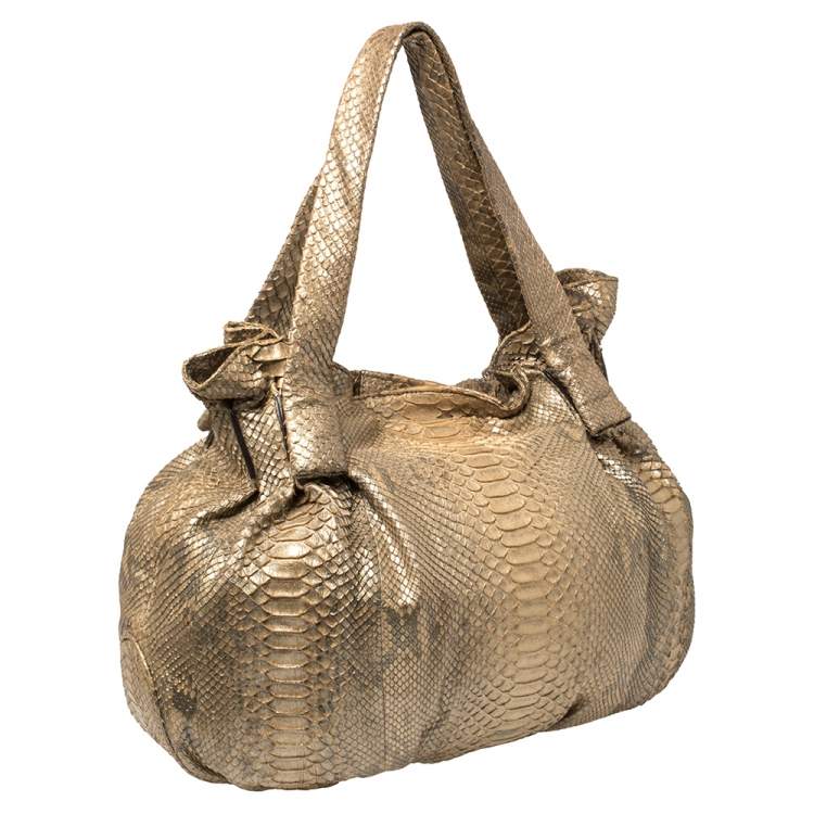 Pre Owned Zagliani Gold Metallic Python Pleated Shoulder Bag