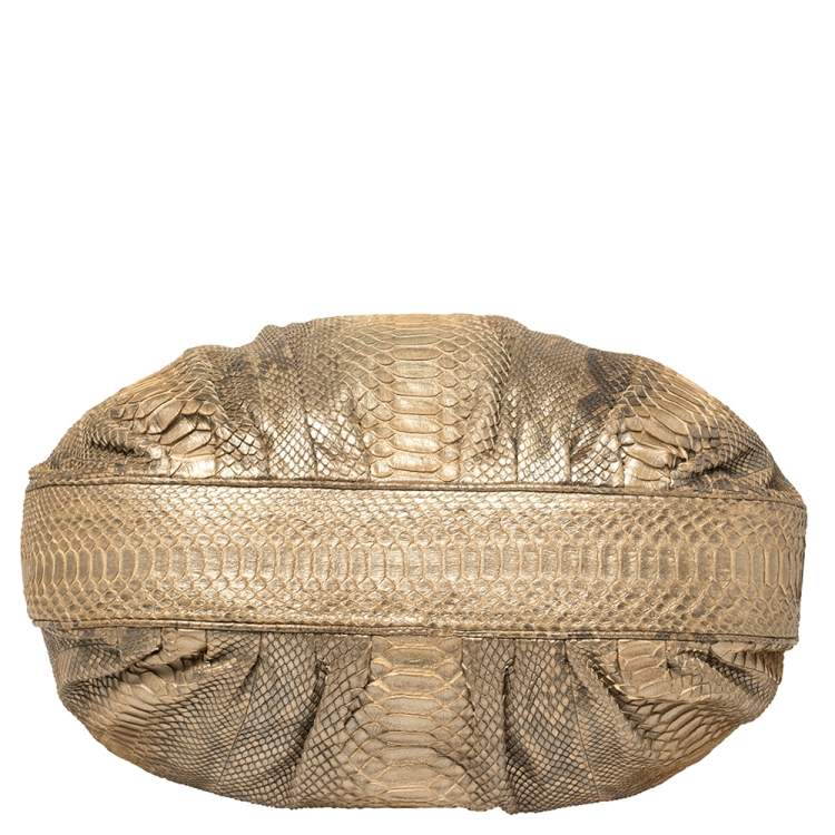 Pre Owned Zagliani Gold Metallic Python Pleated Shoulder Bag