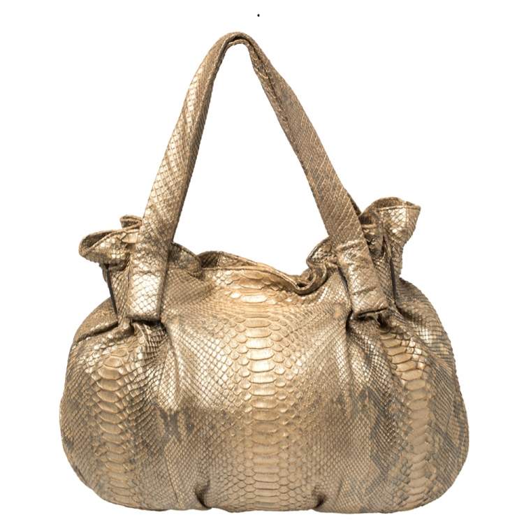 Pre Owned Zagliani Gold Metallic Python Pleated Shoulder Bag