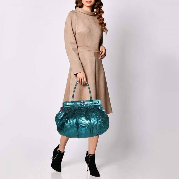 Pre Owned Zagliani Metallic Turquoise Python Puffy Hobo