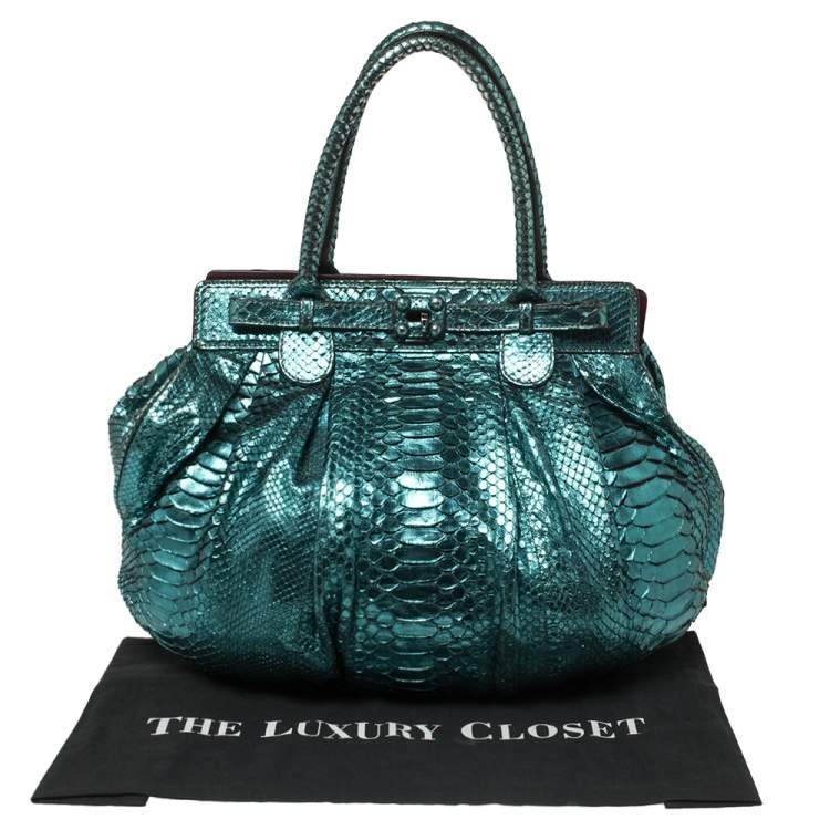 Pre Owned Zagliani Metallic Turquoise Python Puffy Hobo