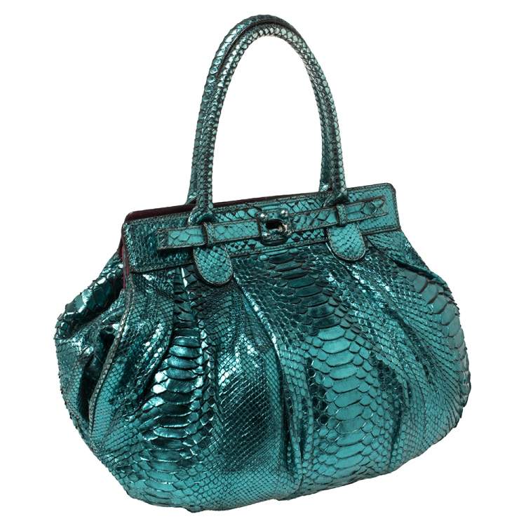 Pre Owned Zagliani Metallic Turquoise Python Puffy Hobo