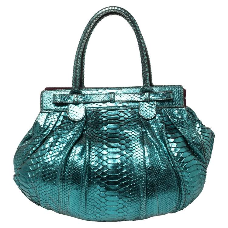 Pre Owned Zagliani Metallic Turquoise Python Puffy Hobo