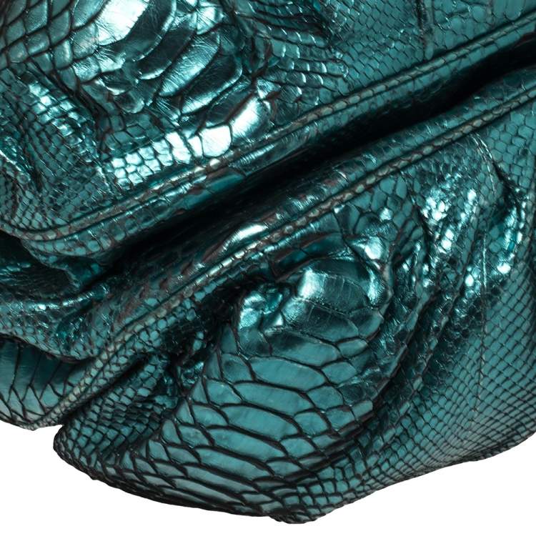 Pre Owned Zagliani Metallic Turquoise Python Puffy Hobo