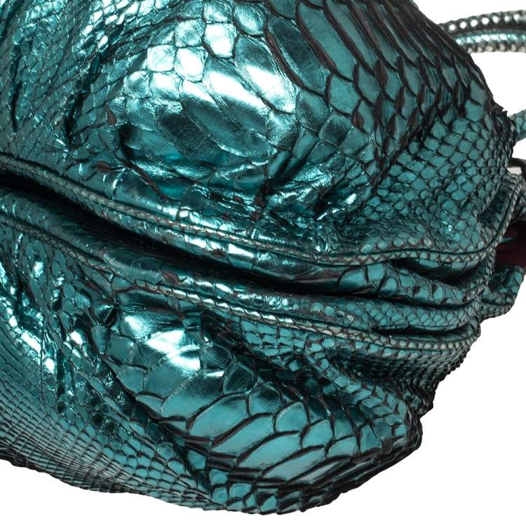 Pre Owned Zagliani Metallic Turquoise Python Puffy Hobo