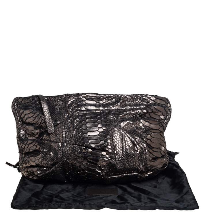 Pre Owned Zagliani Metallic Silver Python Oversized Clutch