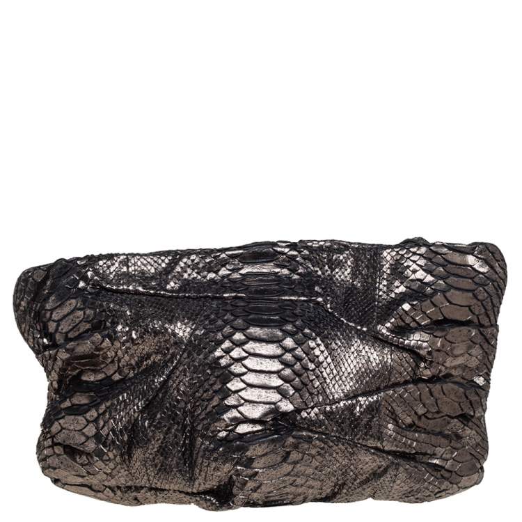 Pre Owned Zagliani Metallic Silver Python Oversized Clutch