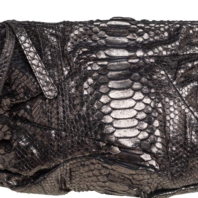 Pre Owned Zagliani Metallic Silver Python Oversized Clutch